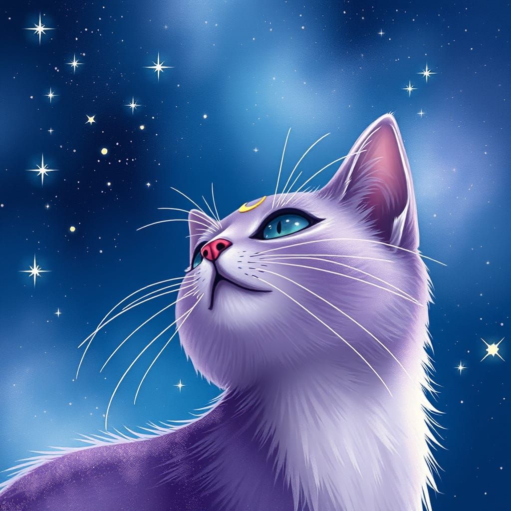 Whimsical Cat Under Celestial Stars