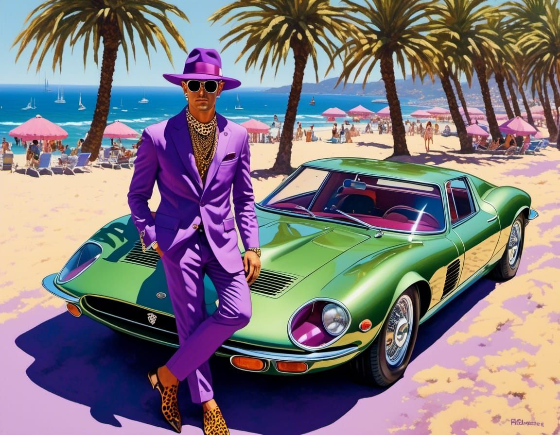 Iso Grifo with Leopard on Nice Beach as Gouache