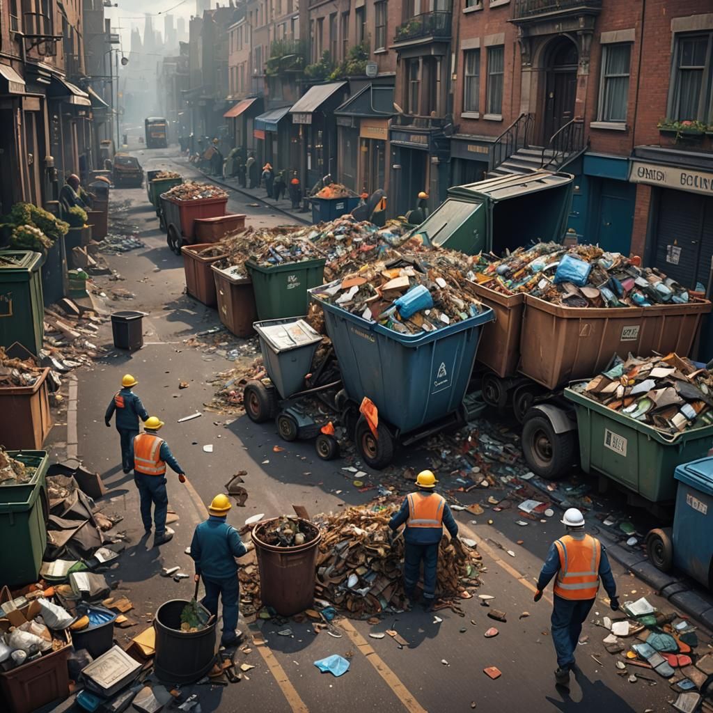 Dustbin Men Clearing Rubbish in Detailed Matte Painting