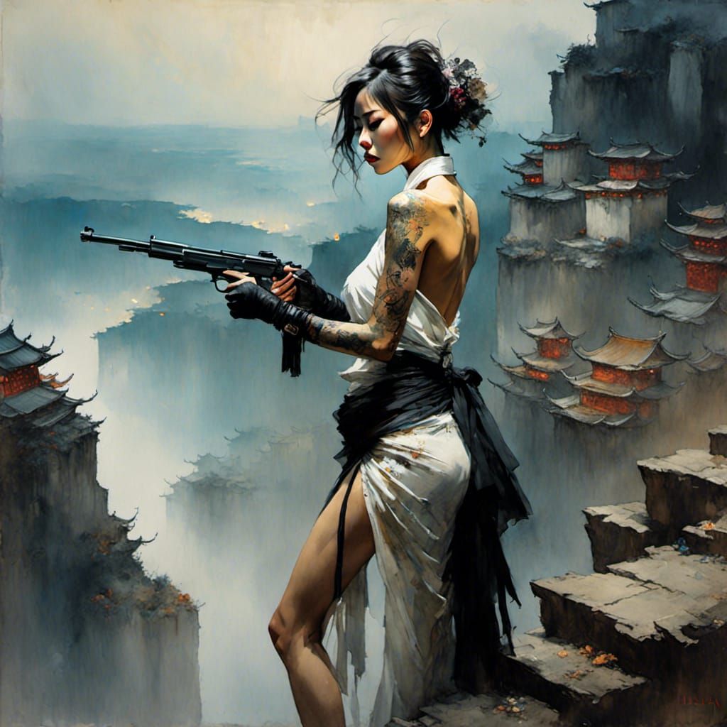Beautiful Yakuza Woman on Cliff Steps