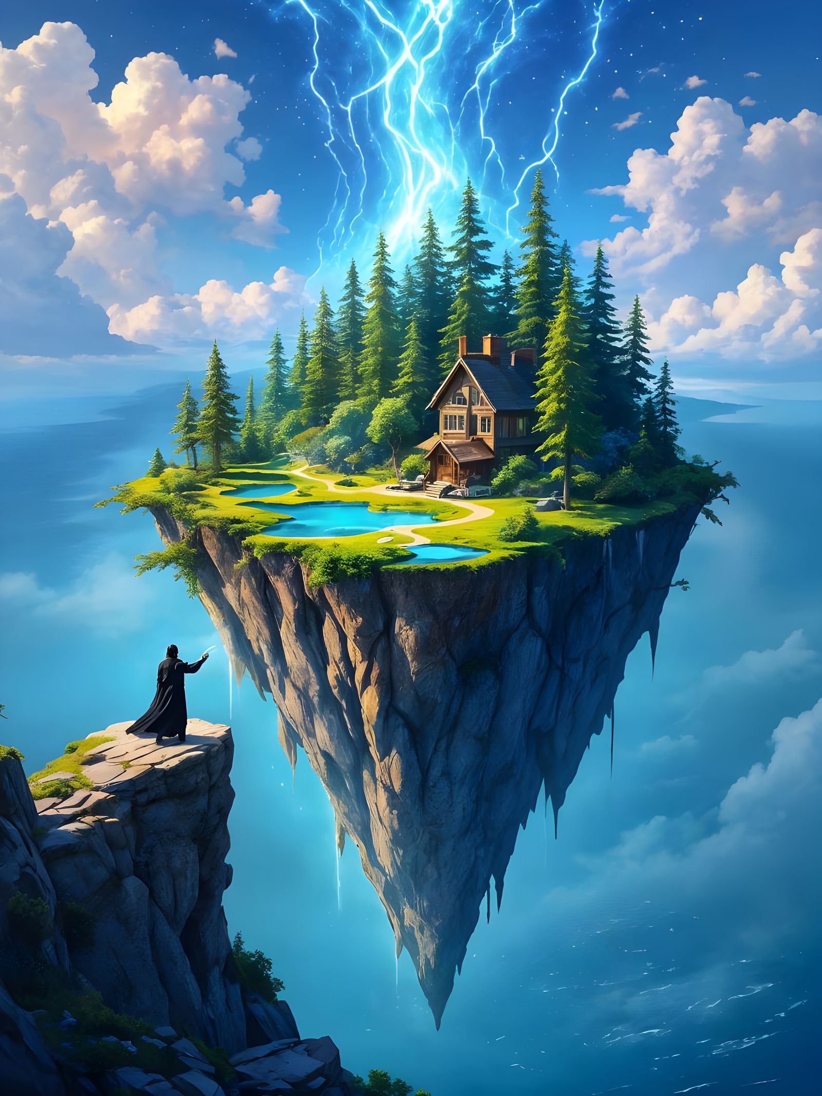 Floating Island with Sorcerer in Vivid Fantasy Style