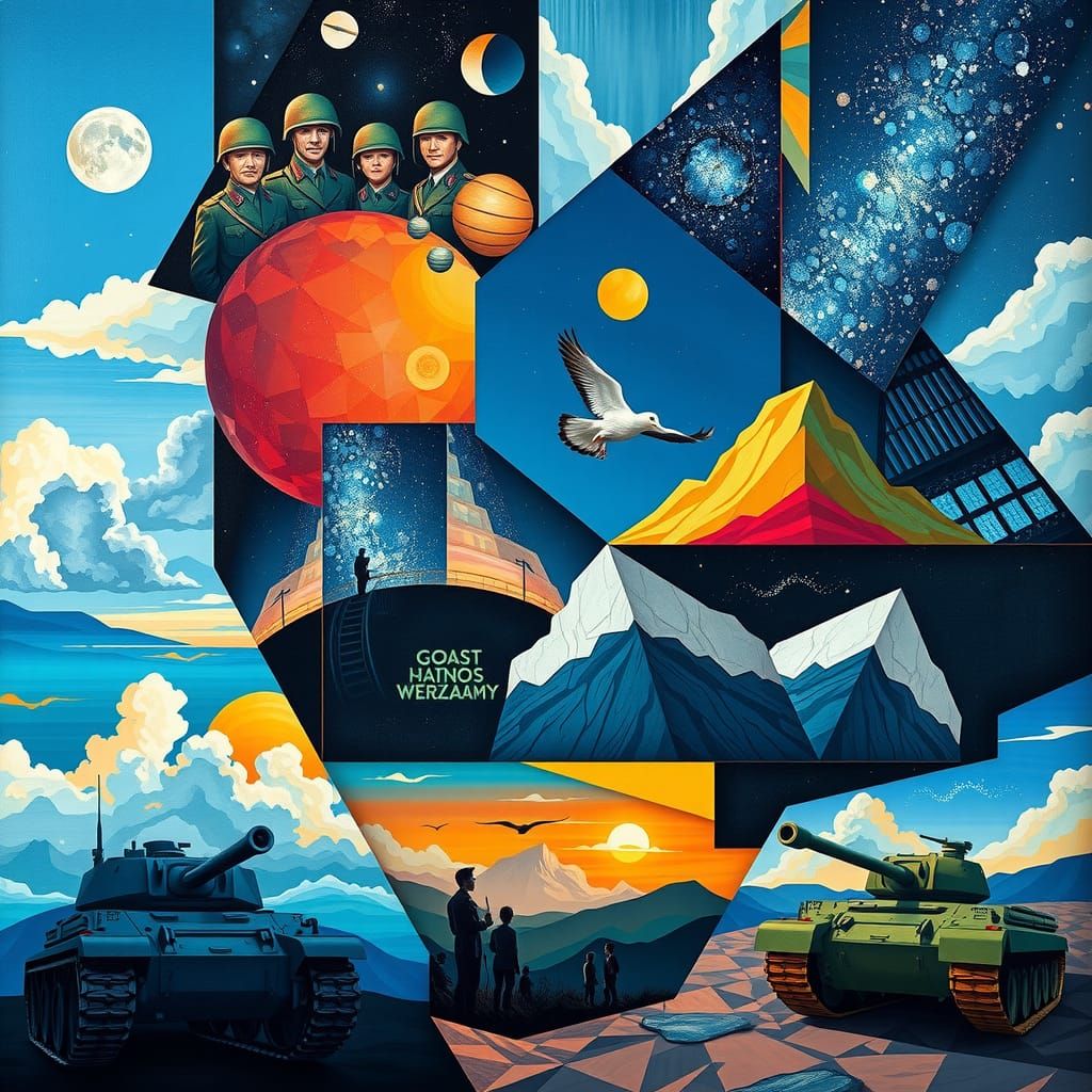 Neo-Cubist Collage of Sky, Space, and Soldiers