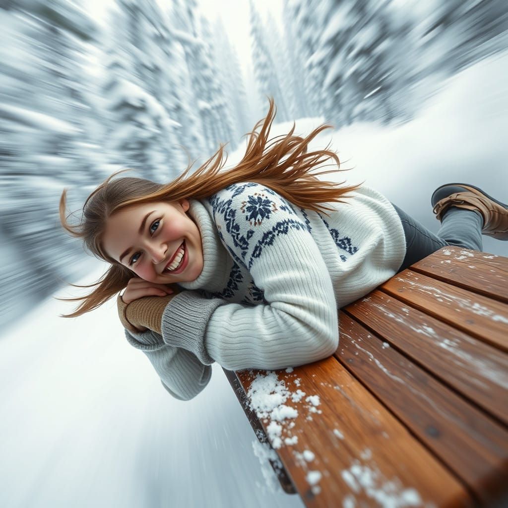 Rosy Cheeked Girl Zooms Down Snowy Hill on Sled in Hyper-Rea...