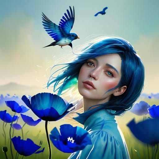 Two Running Yorkies in a Field of Blue Poppies Watercolor