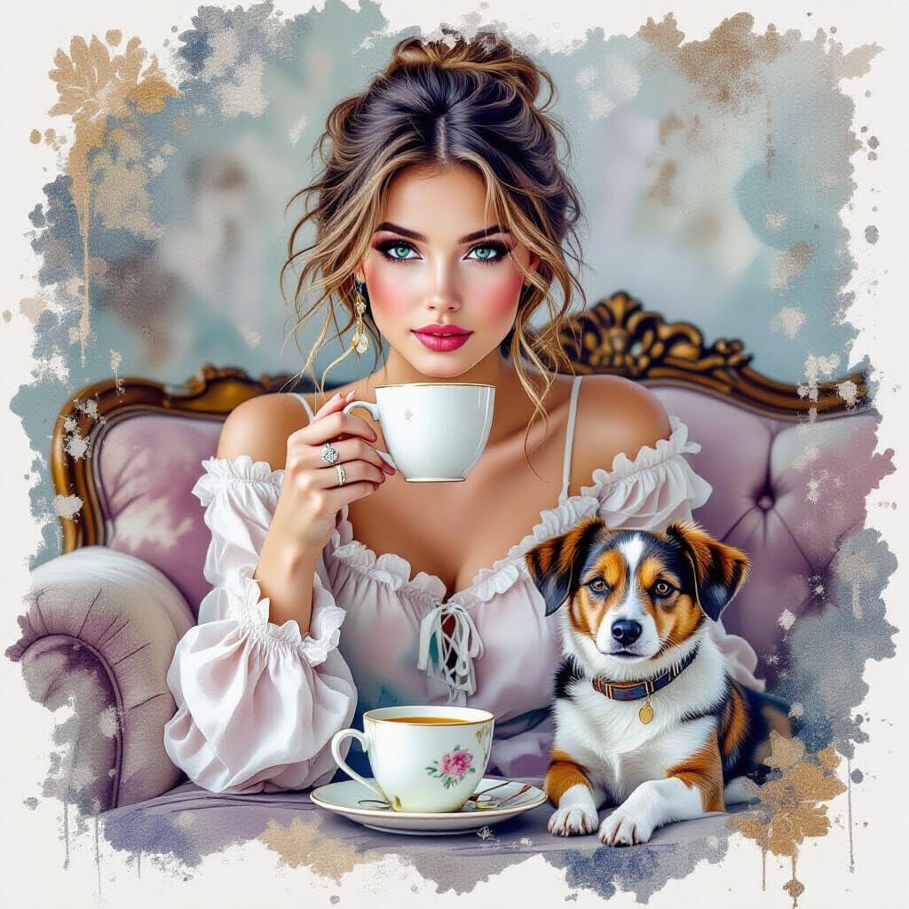 Steampunk Girl with Dog: Watercolor and Fractal Art