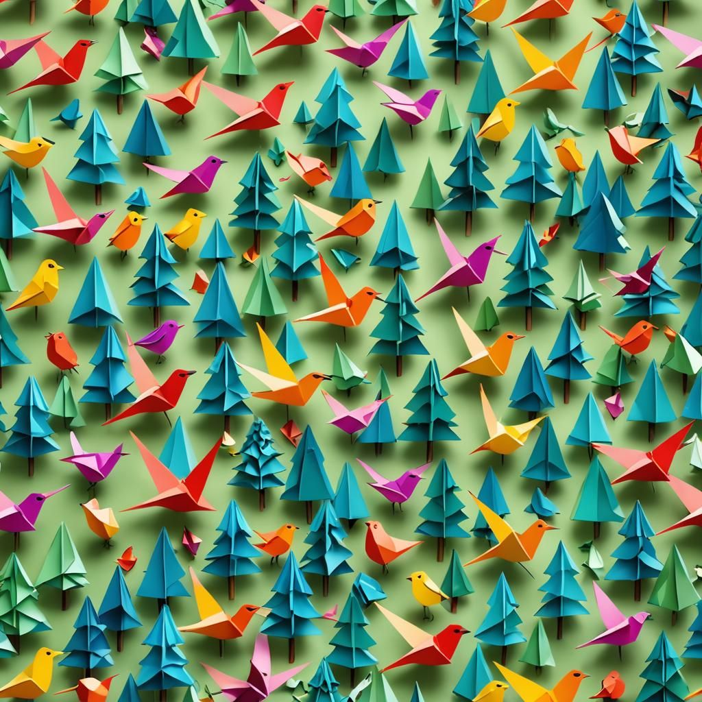 Glass Trees Full of Colorful Birds in Origami Style