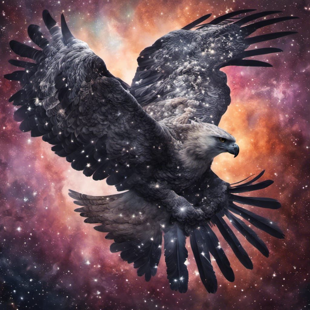 a harpy eagle amidst celestial constellations, its plumage adorned with stars and galaxies, creating a sense of cosmic w...