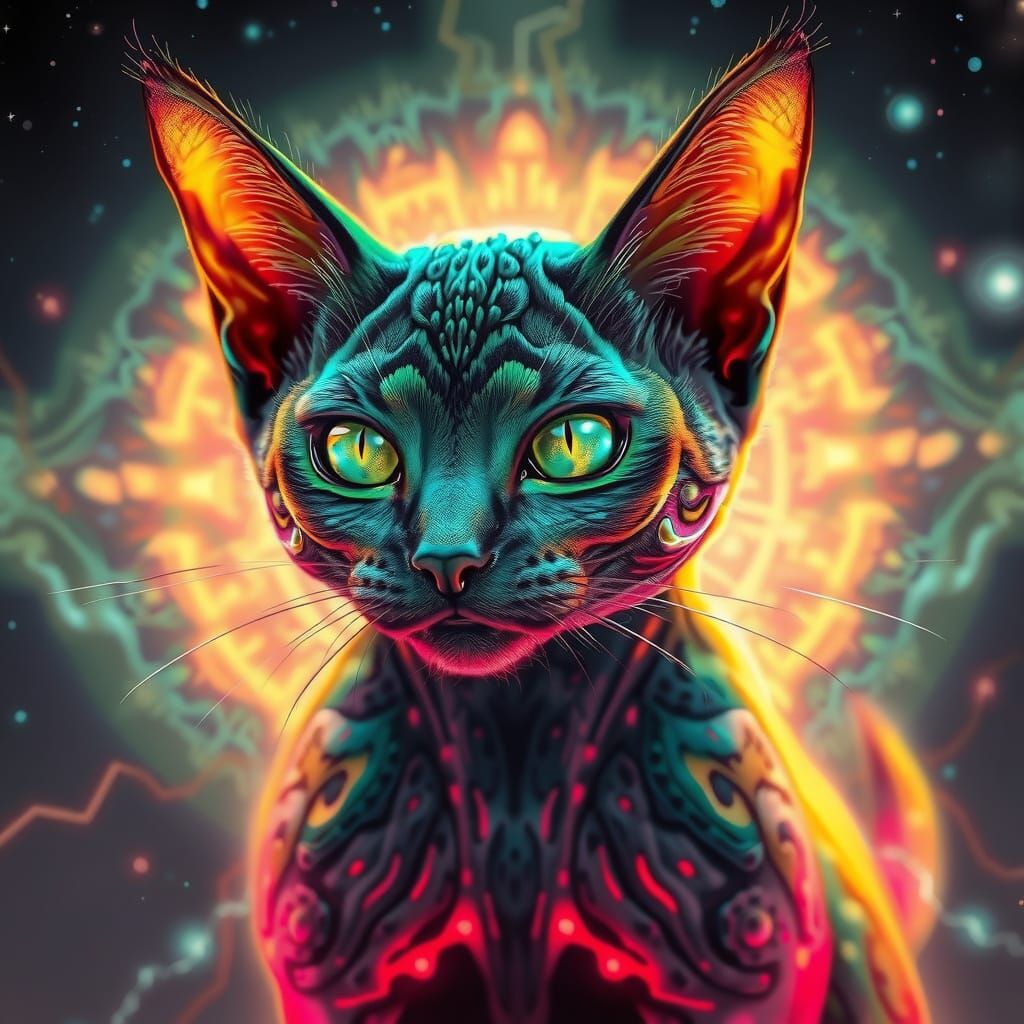 Ethereal Alien Feline with Iridescent Green Aura in a Cosmic...