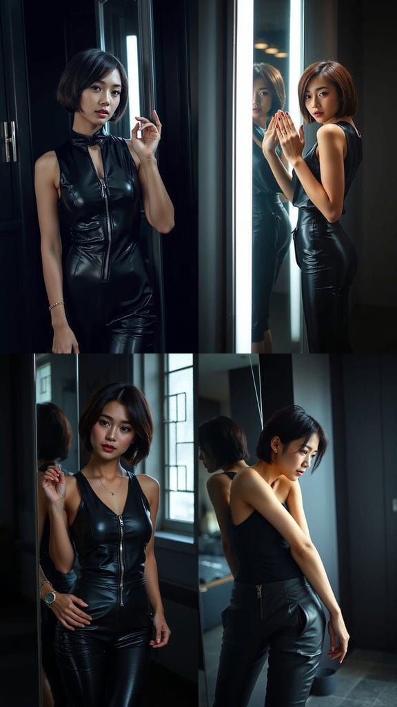 Asian Woman in Latex Leans Towards Mirror