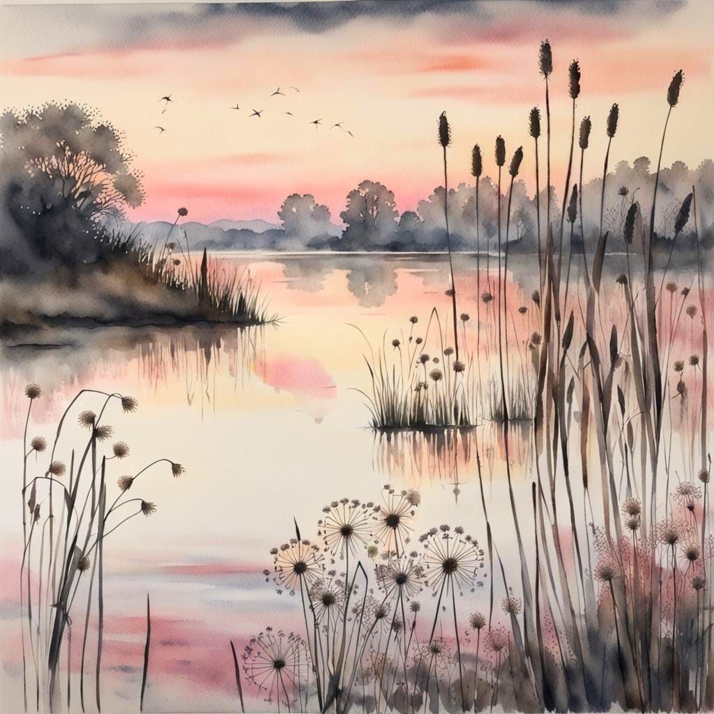 Dawn Over Lake With Heron in Watercolour Style