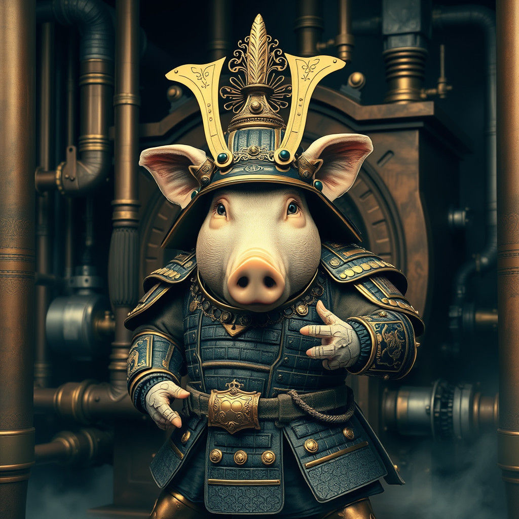 Steampunk Samurai Pig in Brass Armor