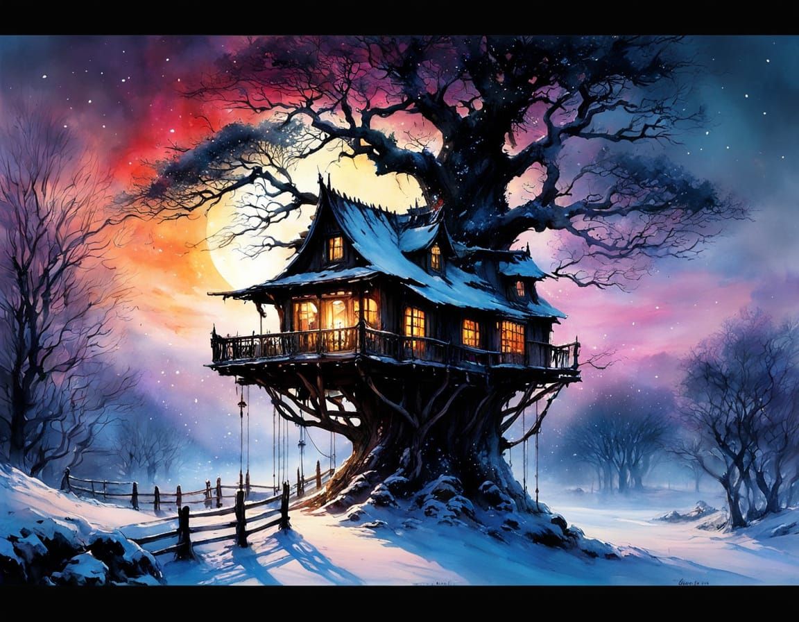 Dreamy Watercolor Treehouse at Sunset
