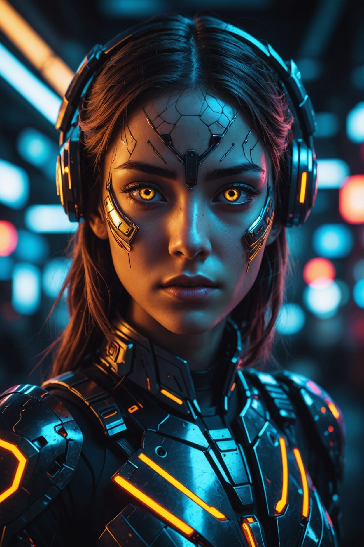 Anime Cyborg Girl with Glowing Eyes in Neon Setting