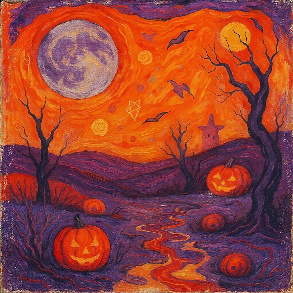 Vintage Halloween Scene in Abstract Style