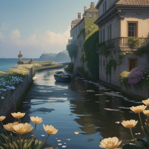 Canal With Origami Flowers Concept Art