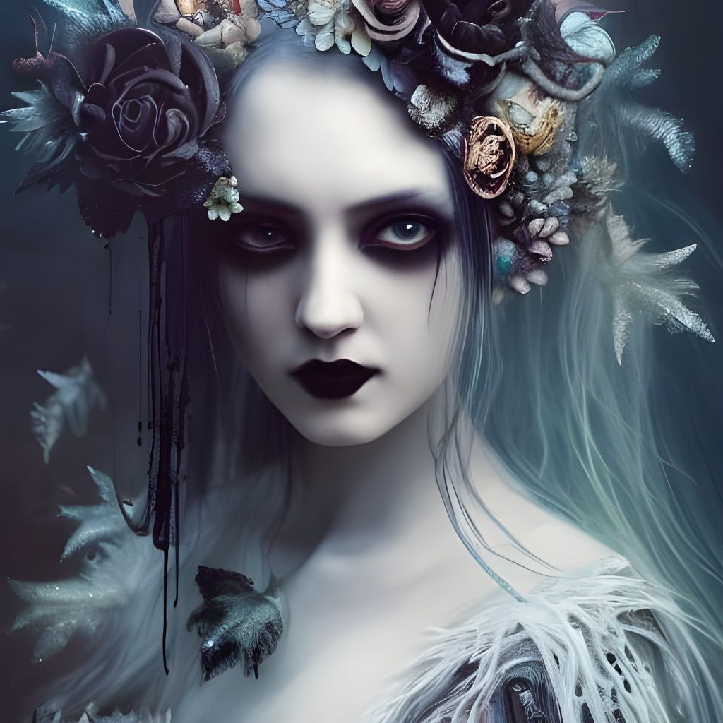 Gothic Beauty with Feathers and Flowers