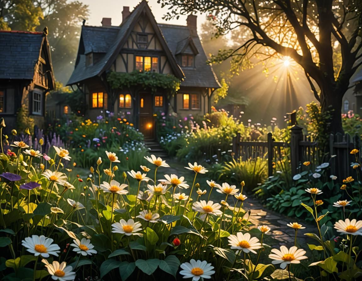 Enchanted Garden in Golden Light: Whimsical Fantasy Art