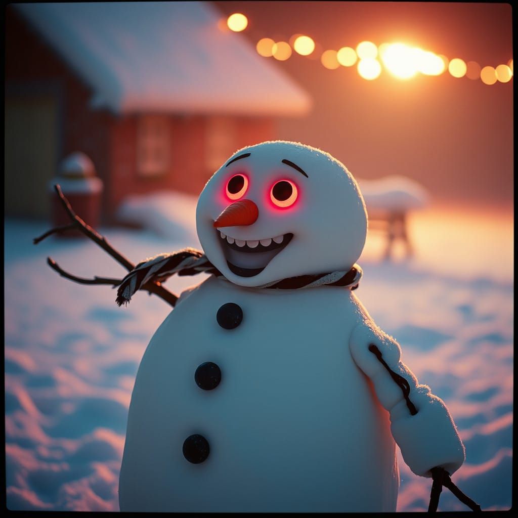 Cinematic Snowman Film Still in Vignette Style