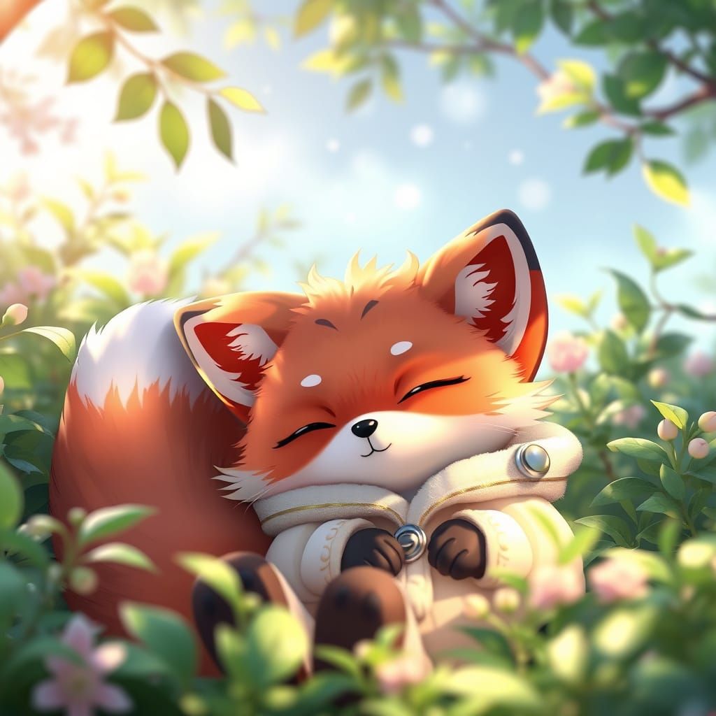Cute Fox Relaxing in Lush Greenery, Anime Art