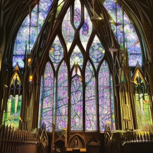 Harry Potter wizard themed church with wizard vibes& Magic vibes& gothic vibes& Stain-glass windows& crystals& gemstones...