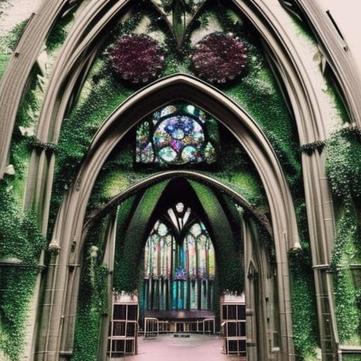 Harry Potter wizard themed church with wizard vibes& Magic vibes& gothic vibes& Stain-glass windows& crystals& gemstones...