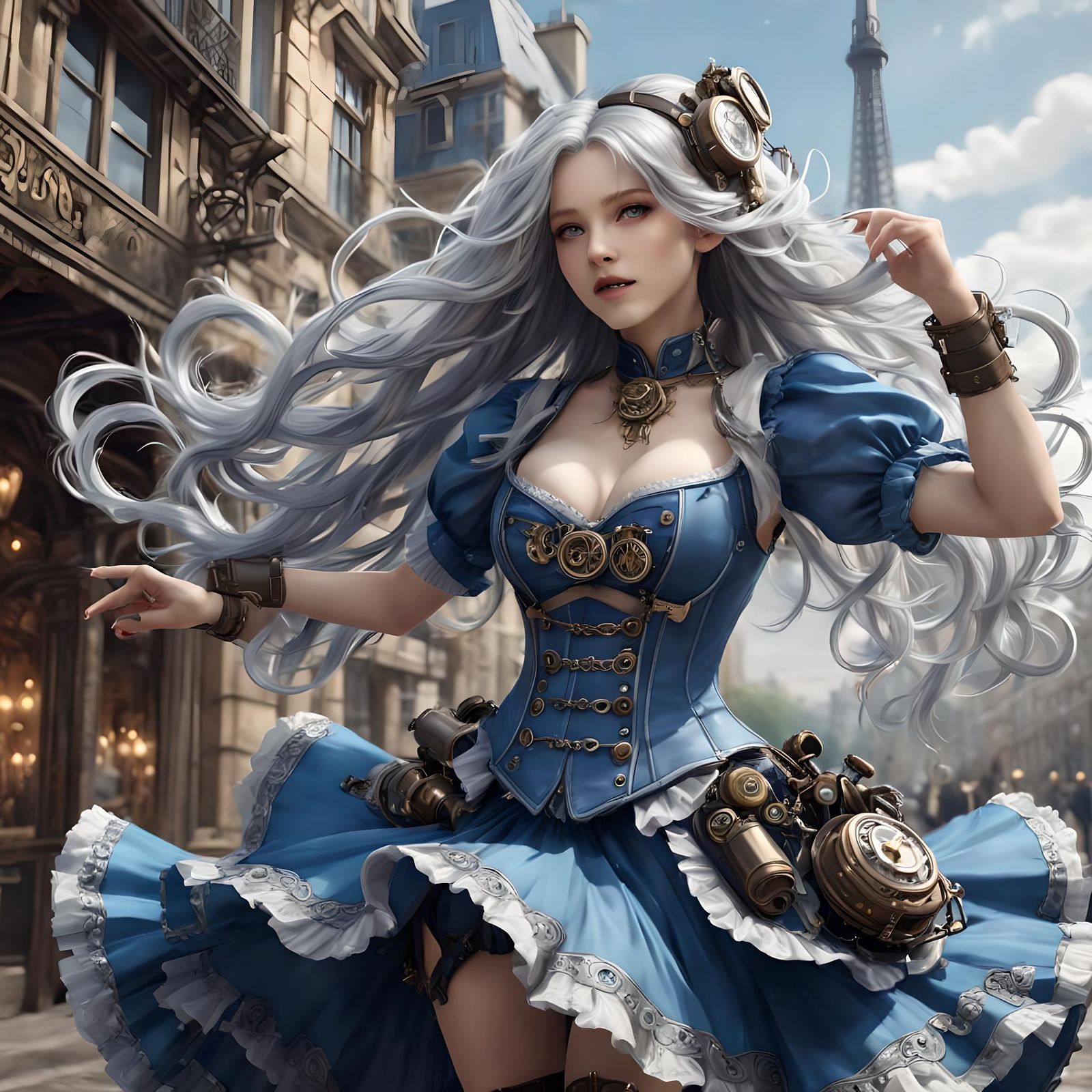 Steampunk Woman Dancing in Paris: Anime-Inspired Art