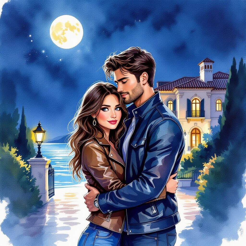 Couple Embraces at Moonlit Mansion in Mallorca
