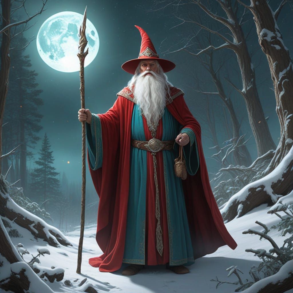 Ethereal Wizard in Snowy Forest under Full Moon
