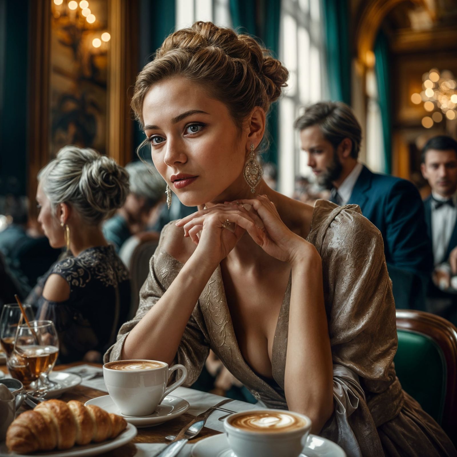 Beautiful Woman Enjoying Coffee in Restaurant, Realistic Sty...