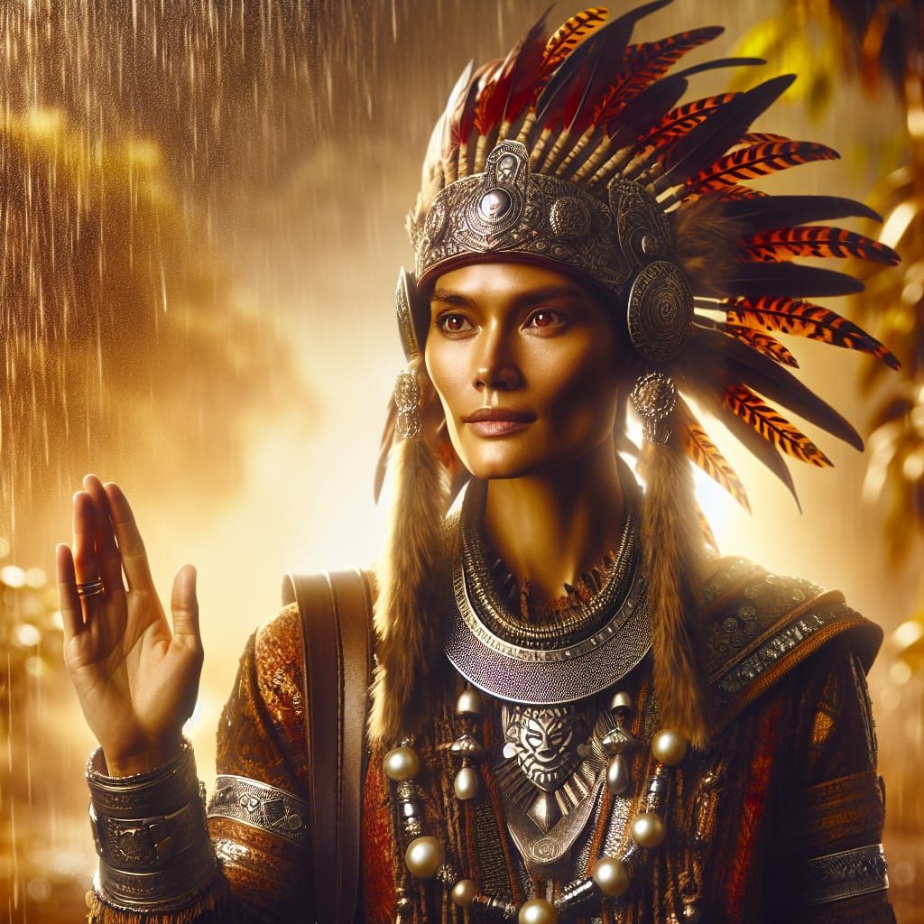 a woman standing heroically in a rain