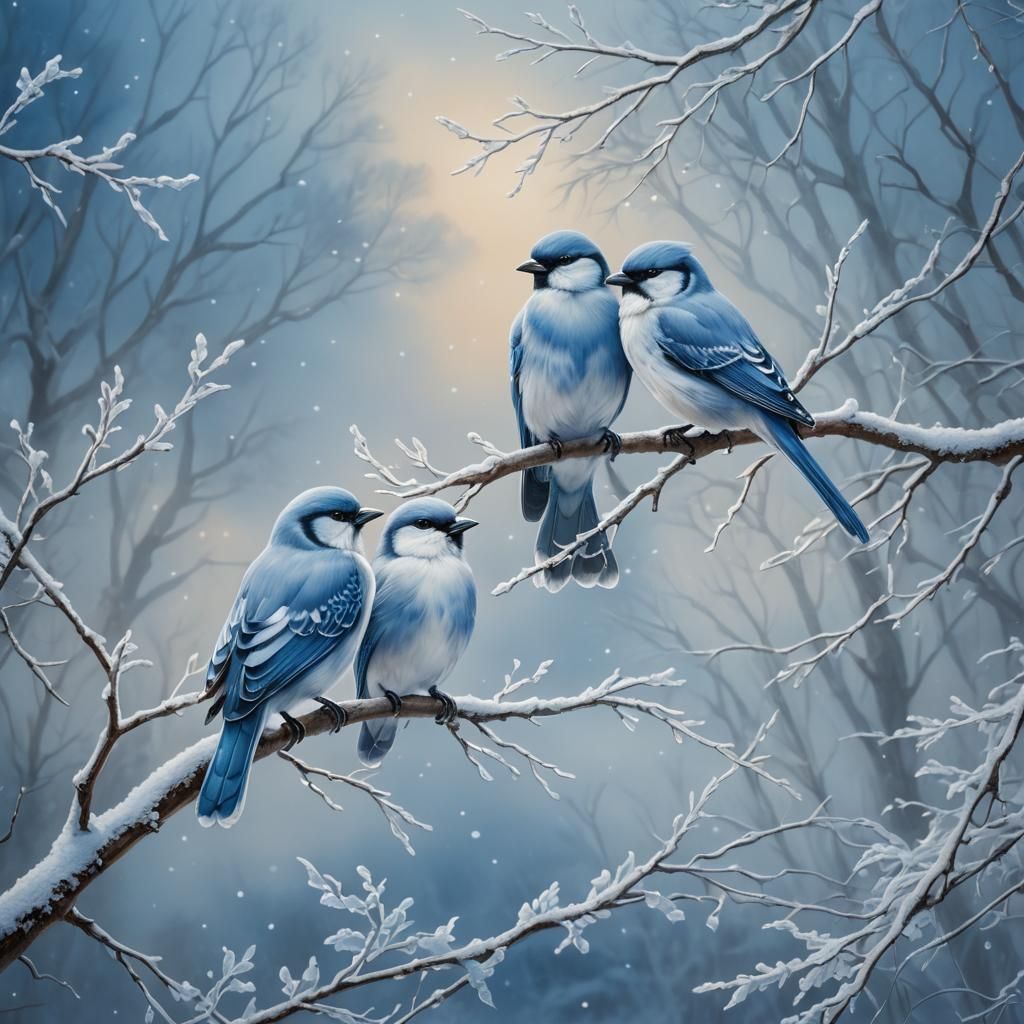 Snowy Birds in Winter Wonderland: Oil Painting