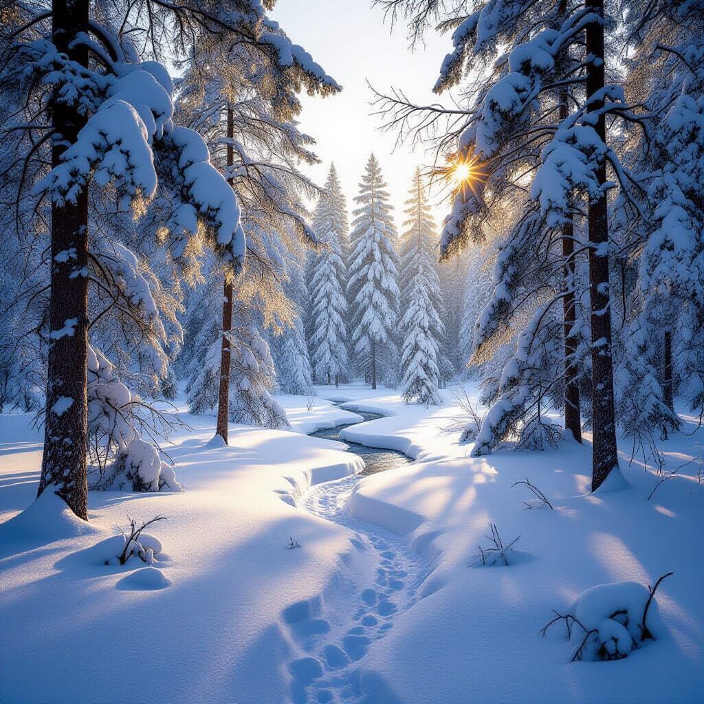 Winter Forest Scene with Golden Sunbeams and Animal Tracks