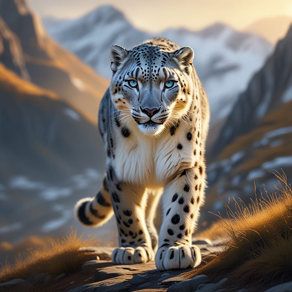Snow Leopard in Misty Mountains: Digital Painting