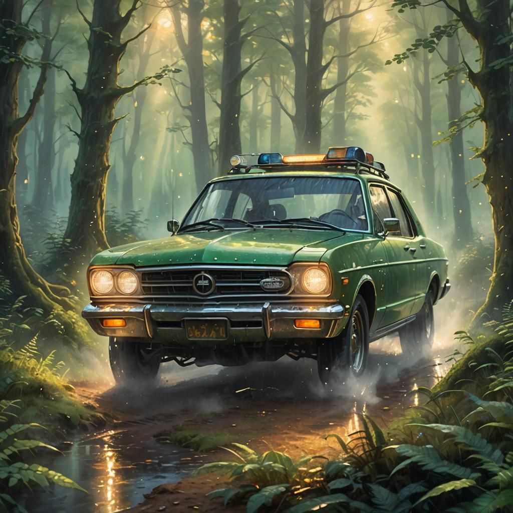 Ethereal Fantasy Car in Misty Forest Painting