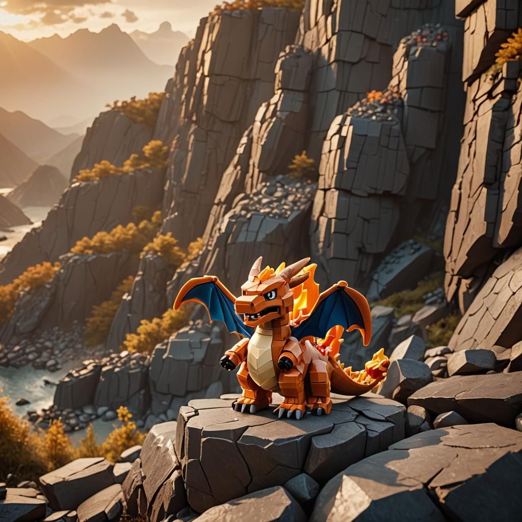 Lego Charizard on Rocky Cliff in Golden Light