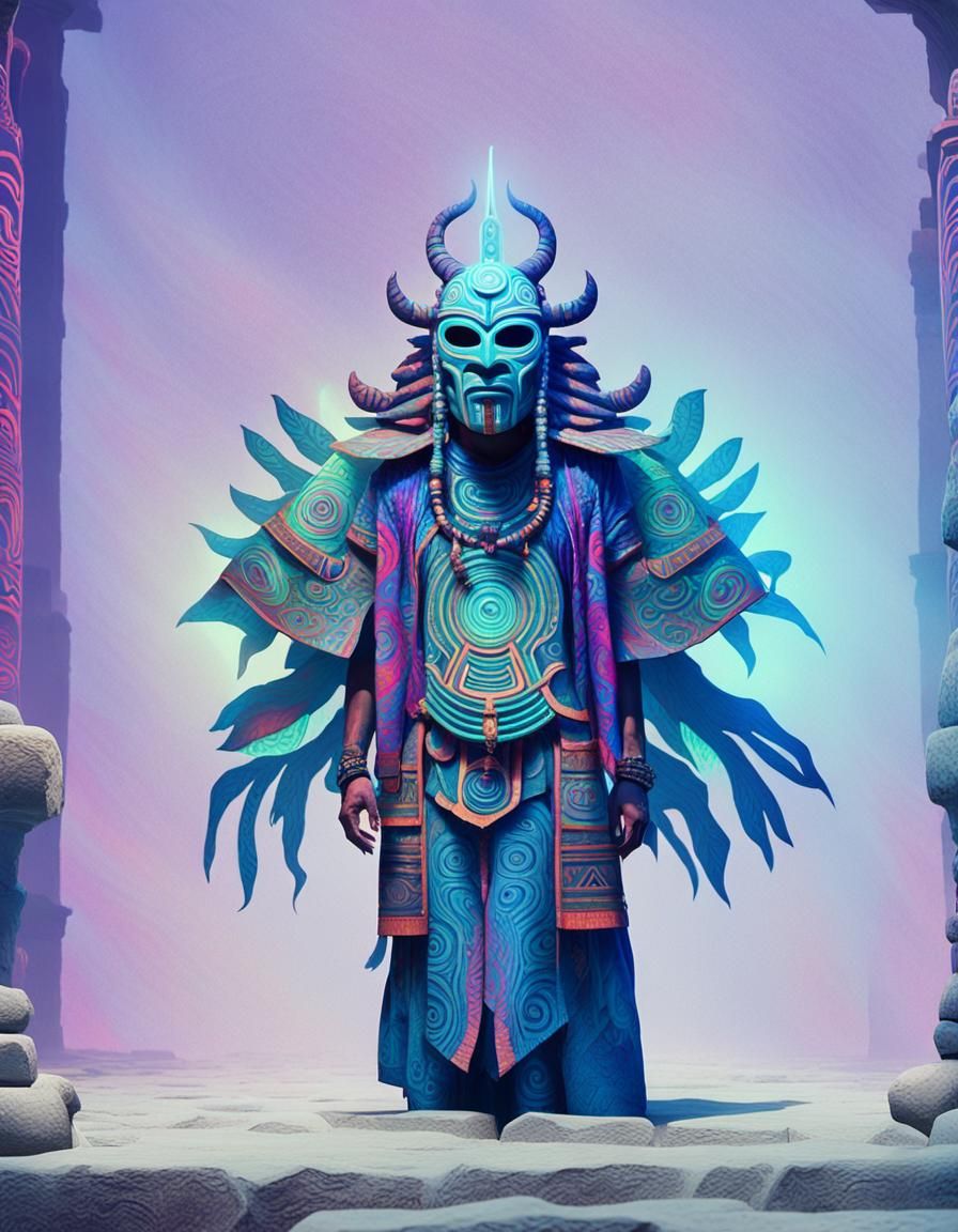 Neon Tribal Shaman in Futuristic Temple