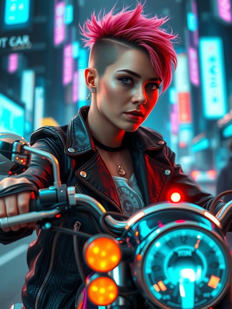 Cyberpunk Biker in Neon Cityscape