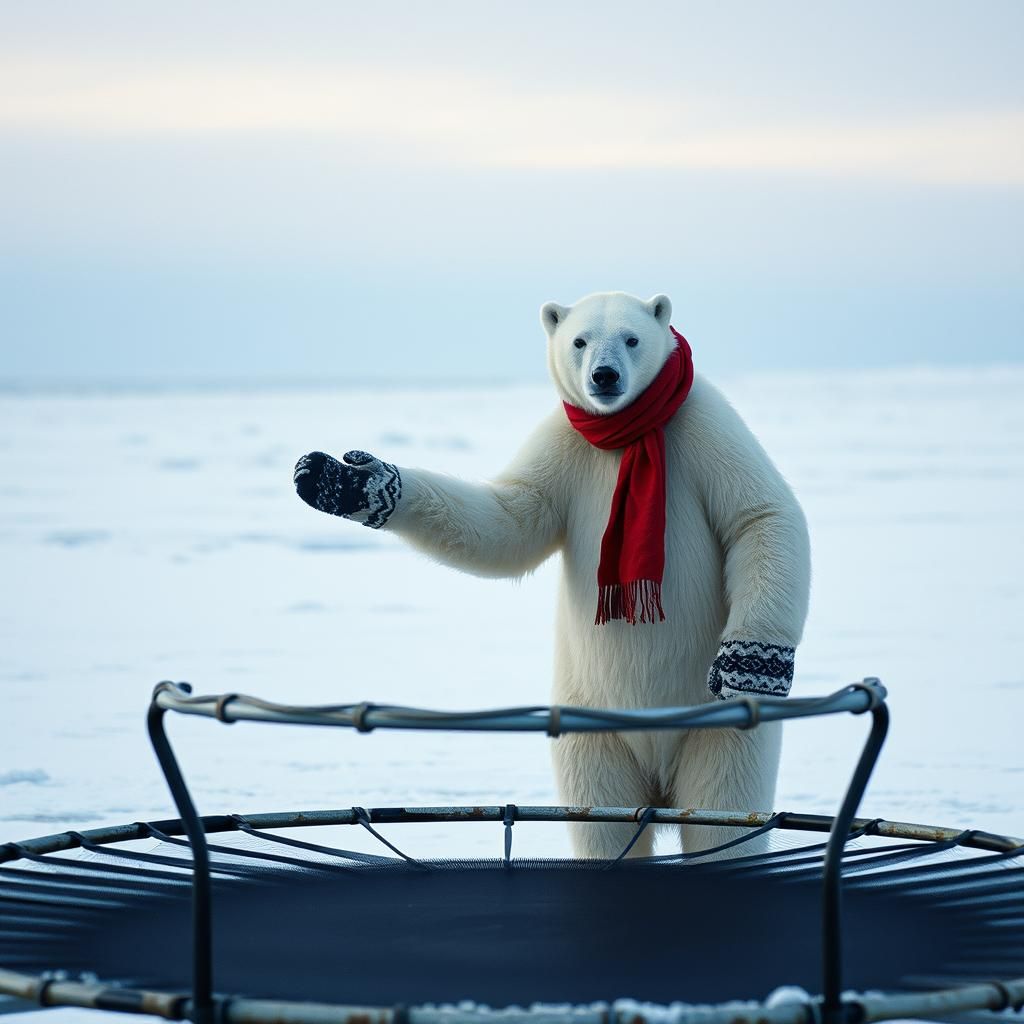 Melancholy Polar Bear Invites Trampoline Fun