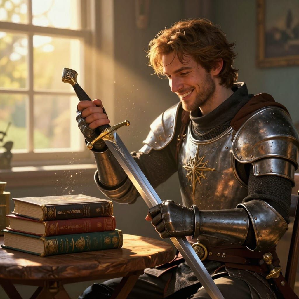 Knight Polishing Sword in Golden Hour Light
