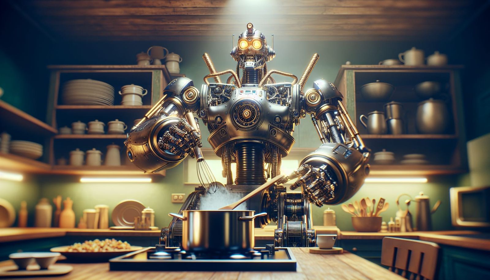 Visualize a towering war robot standing in a warm, homely ki...