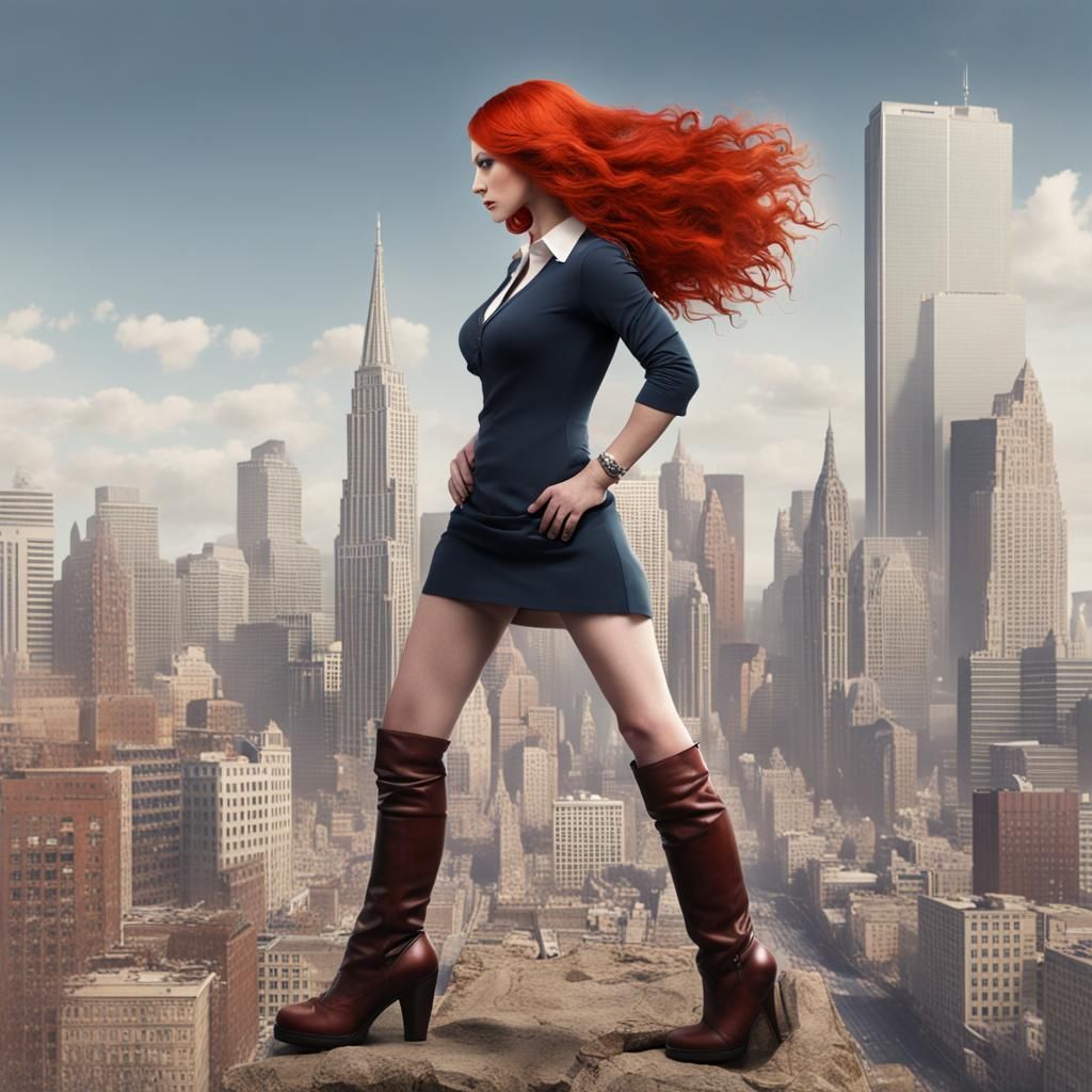 Immense Red-Haired Giantess Dominates the Landscape