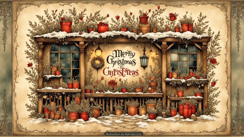 Vintage-Style Christmas Illustration with 'Merry Christmas'...