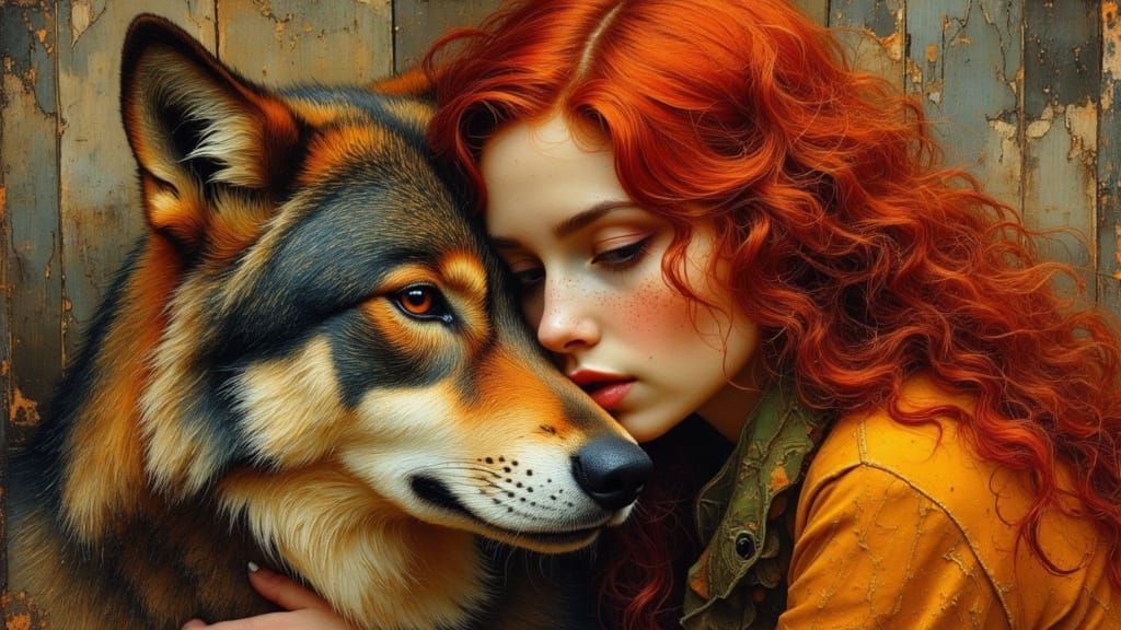 Stunning Woman With Red Hair Hugs Wolf Amidst Autumn Colors