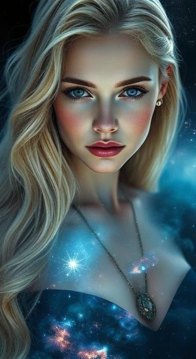 Europa in Cosmic Nebula Gown: Hyperrealistic Portrait