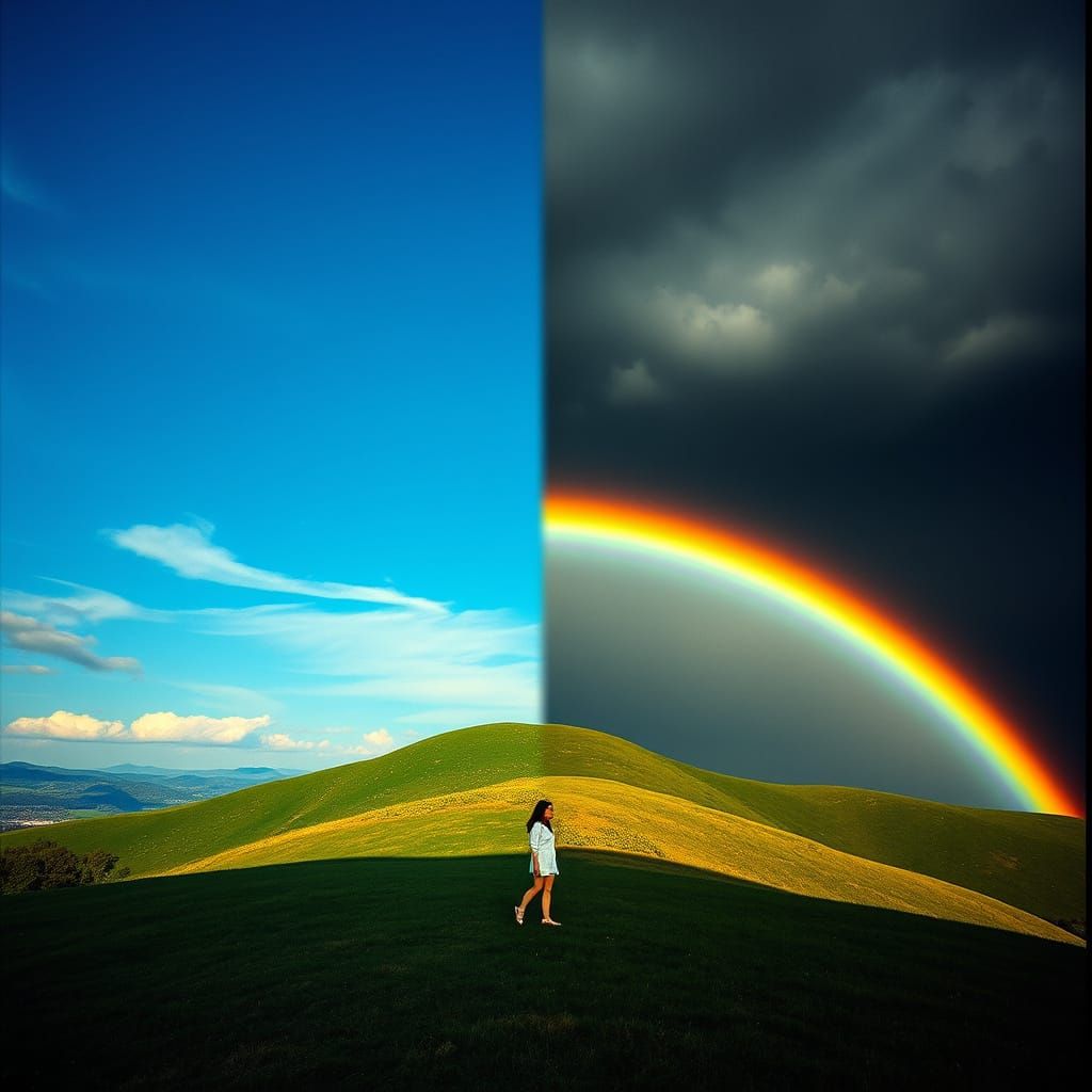 Divided Skies: A Hilly Landscape with Rainbow