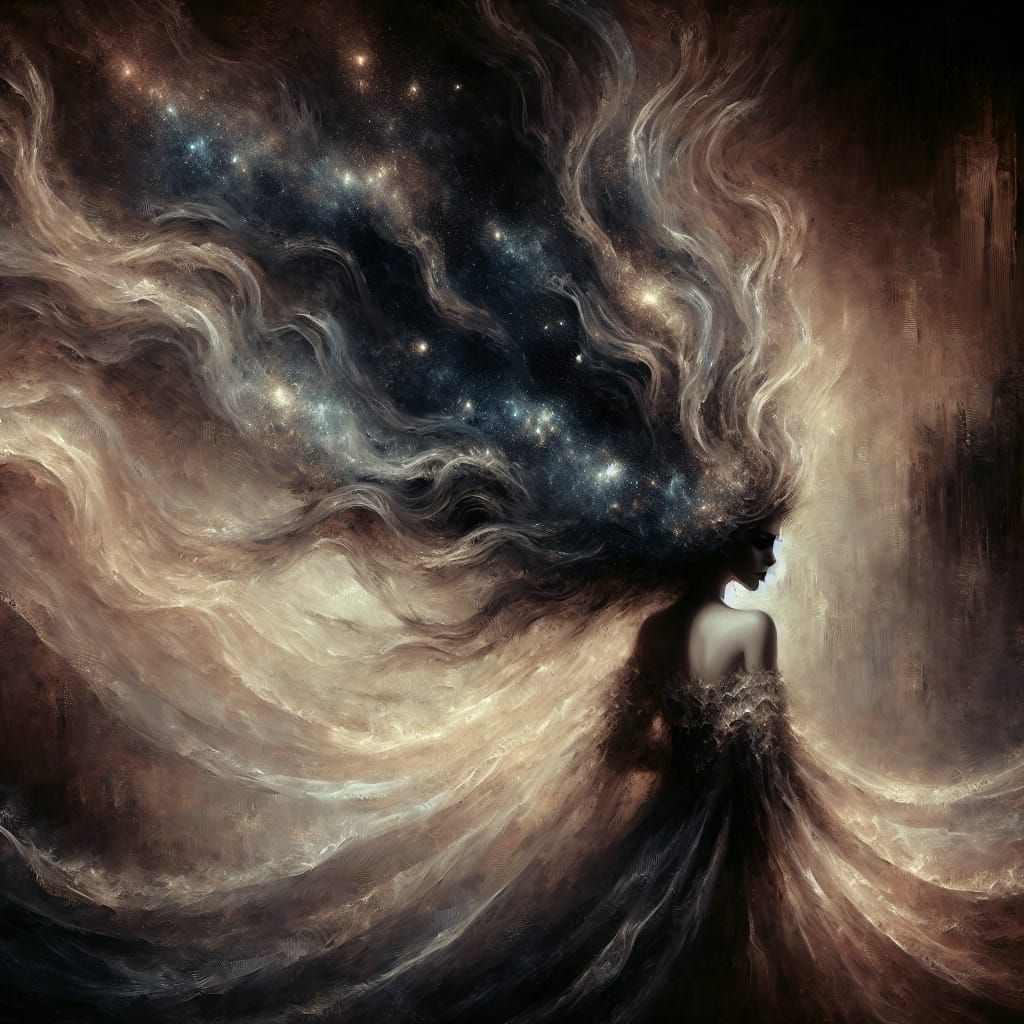 Mysterious Woman in Cosmic Dress: Oil Painting