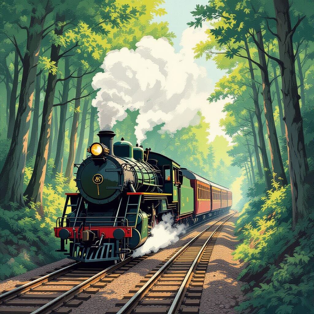 Antique Steam Train in Misty Forest, Edo Art Style