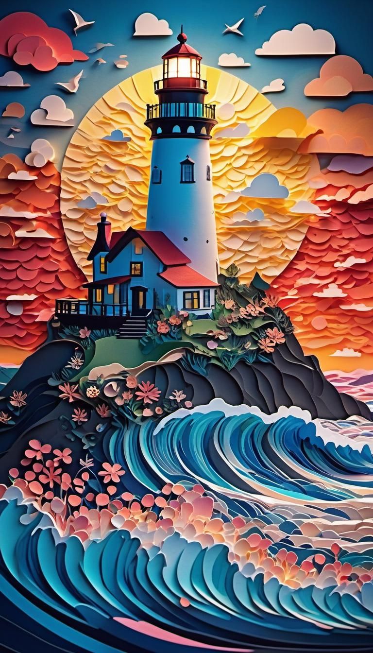 Paper Cutout Lighthouse at Sunset: 3D Digital Art