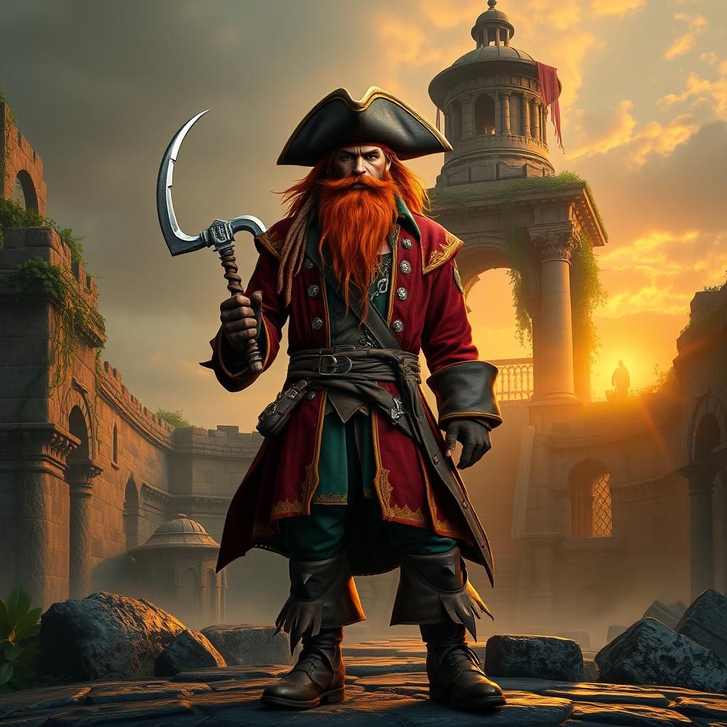 Ginger-Bearded Pirate at Ruined Temple, Detailed Matte Paint...