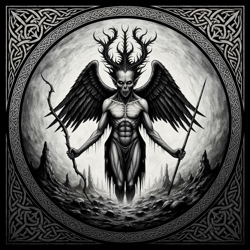 Baphomet in Hell Amidst Celtic Patterns, Black and White Art